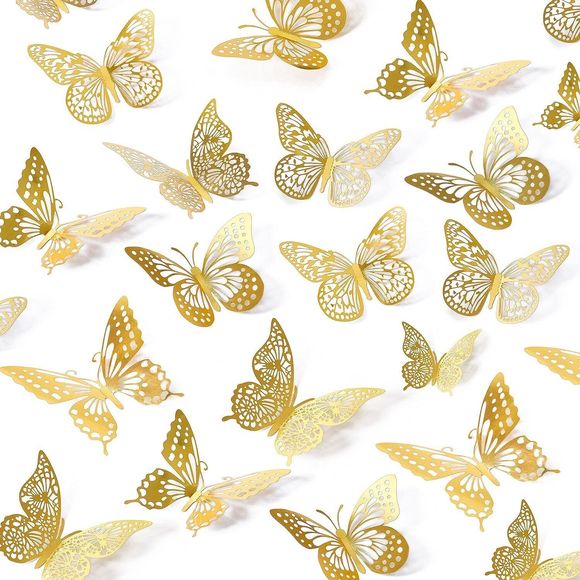 NEW 3D Metallic Butterfly Wall Decor 48 Pcs 4 Styles 3 Size Gold Butterfly Decor - Picture 2 of 16